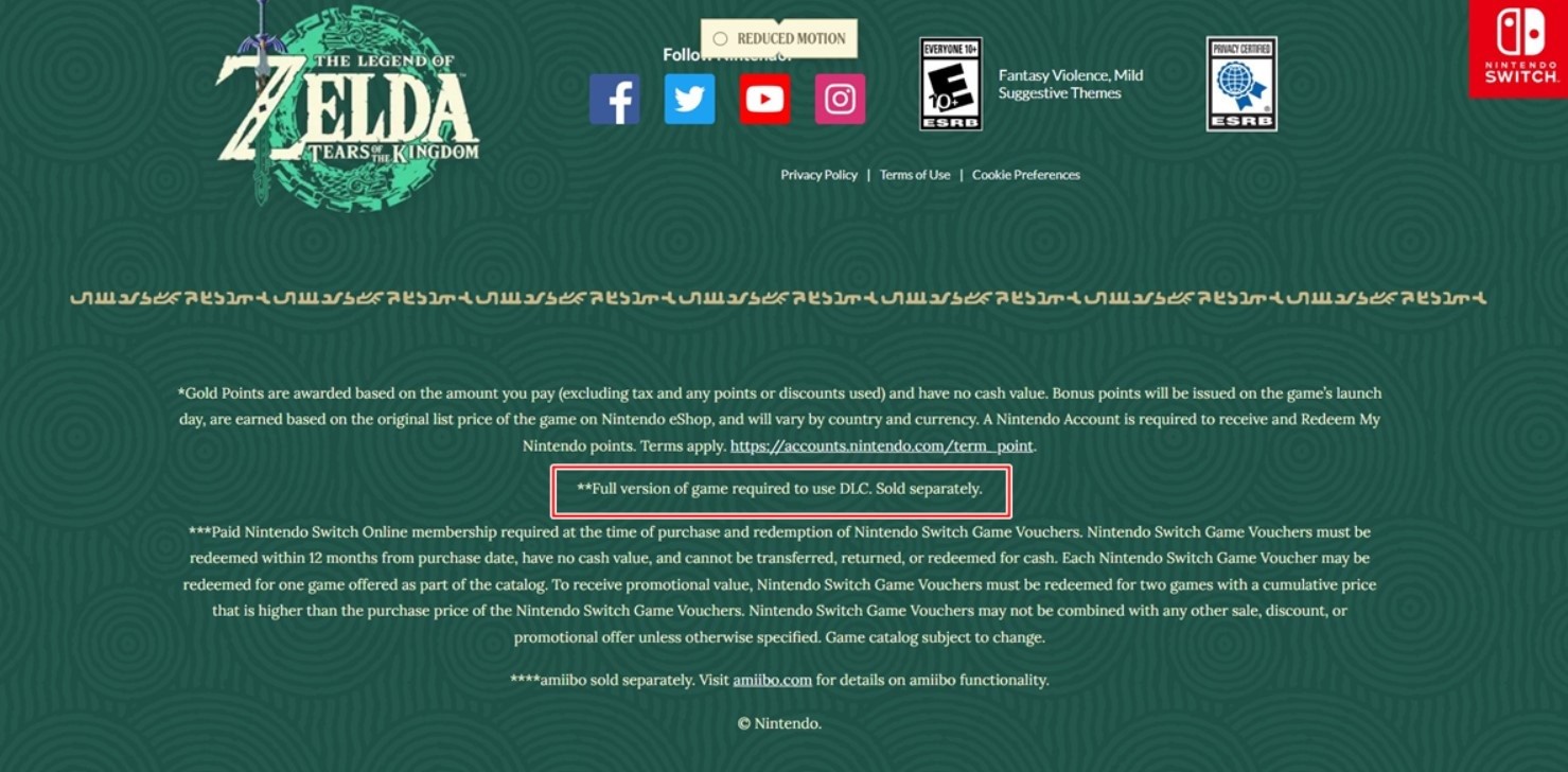 《塞尔达传说：王国之泪》官网页面信息显示游戏将在未来推出DLC